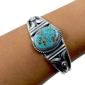 Native American Bracelet - Beautiful Navajo Kingman Spiderweb Turquoise Oval Sterling Silver Cuff Bracelet - Mary Ann Spencer - Native American