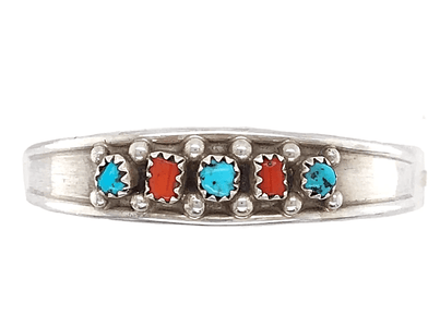 Native American Bracelet - Children's Navajo Five Stone Multistone Coral And Turquoise Bracelet - Elton Cadman