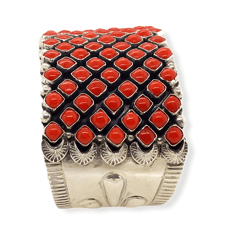 Image of Native American Bracelet - Coral And Sterling Silver Cuff Bracelet - A. Lister