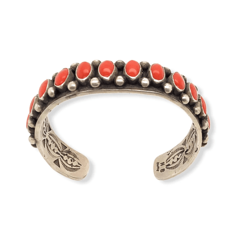 Image of Native American Bracelet - Coral Bracelet With Hand-Stamped Sterling Silver Details