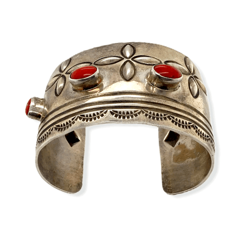 Image of Native American Bracelet - Early Alex Sanchez Navajo Pawn Coral Cuff Bracelet