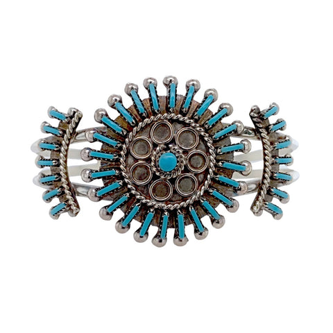Image of Native American Bracelet - Gorgeous Zuni Sunburst Turquoise & Sterling Silver Bracelet - Native American