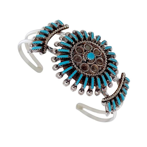Image of Native American Bracelet - Gorgeous Zuni Sunburst Turquoise & Sterling Silver Bracelet - Native American
