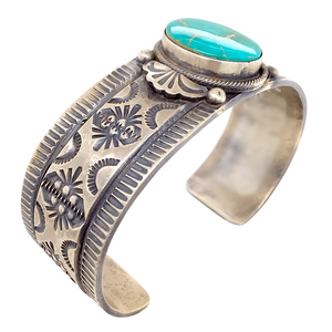 Native American Bracelet - Hand-Stamped Navajo Royston Turquoise Sterling Silver Bracelet - B. Johnson