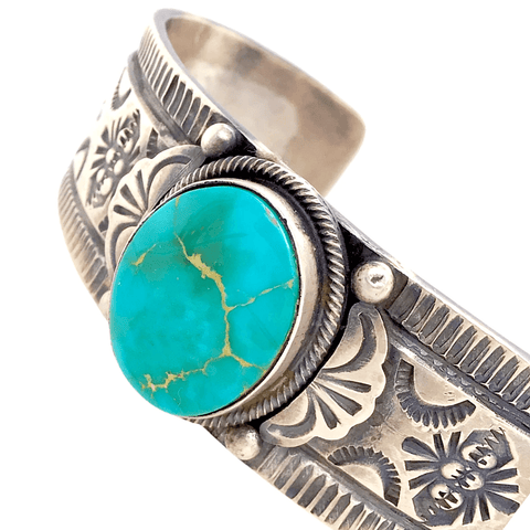 Image of Native American Bracelet - Hand-Stamped Navajo Royston Turquoise Sterling Silver Bracelet - B. Johnson