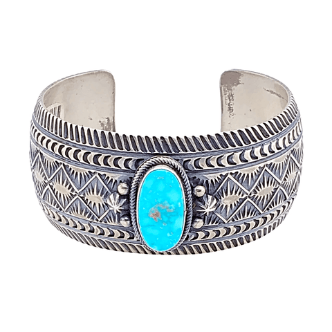 Image of Native American Bracelet - Kingman Turquoise Sunrise Spike Navajo Silver Cuff - Aaron Toodlena