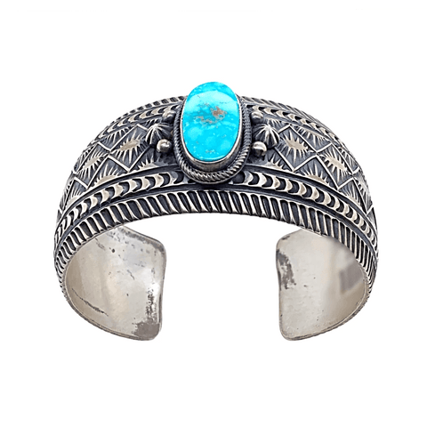 Image of Native American Bracelet - Kingman Turquoise Sunrise Spike Navajo Silver Cuff - Aaron Toodlena