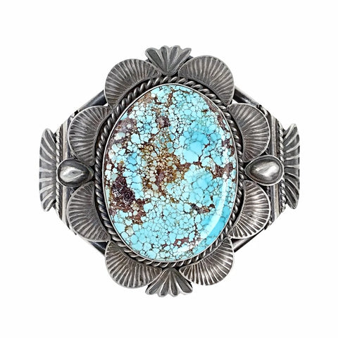 Image of Native American Bracelet - Large Navajo #8 Turquoise Stamped Sterling Silver Cuff Bracelet - Mary Ann Spencer - Native American