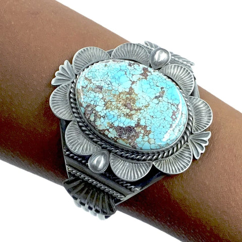 Image of Native American Bracelet - Large Navajo #8 Turquoise Stamped Sterling Silver Cuff Bracelet - Mary Ann Spencer - Native American