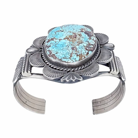 Image of Native American Bracelet - Large Navajo #8 Turquoise Stamped Sterling Silver Cuff Bracelet - Mary Ann Spencer - Native American