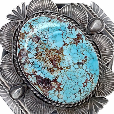 Image of Native American Bracelet - Large Navajo #8 Turquoise Stamped Sterling Silver Cuff Bracelet - Mary Ann Spencer - Native American