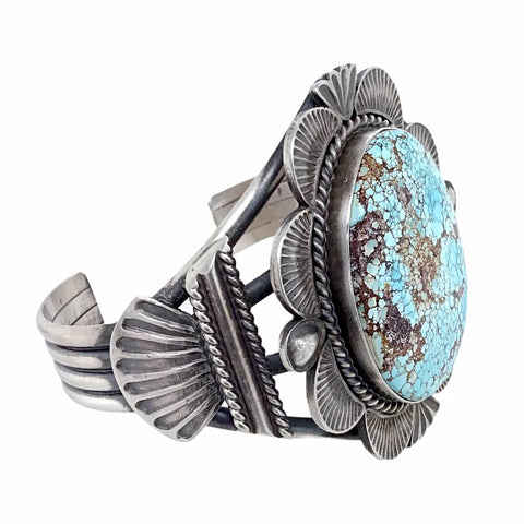 Image of Native American Bracelet - Large Navajo #8 Turquoise Stamped Sterling Silver Cuff Bracelet - Mary Ann Spencer - Native American