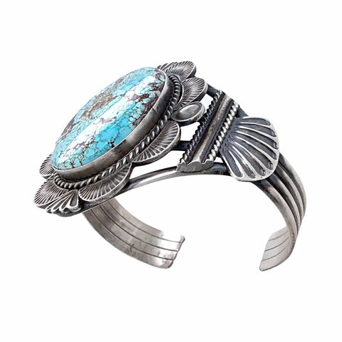 Image of Native American Bracelet - Large Navajo #8 Turquoise Stamped Sterling Silver Cuff Bracelet - Mary Ann Spencer - Native American