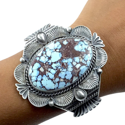 Image of Native American Bracelet - Large Navajo Golden Hills Turquoise Heavy Matrix Stamped Sterling Silver Cuff Bracelet - Mary Ann Spencer - Native American