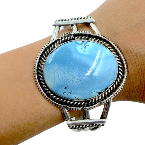 Image of Native American Bracelet - Large Navajo Golden Hills Turquoise Oval Sterling Silver Cuff Bracelet - Lewis Silversmith - Native American