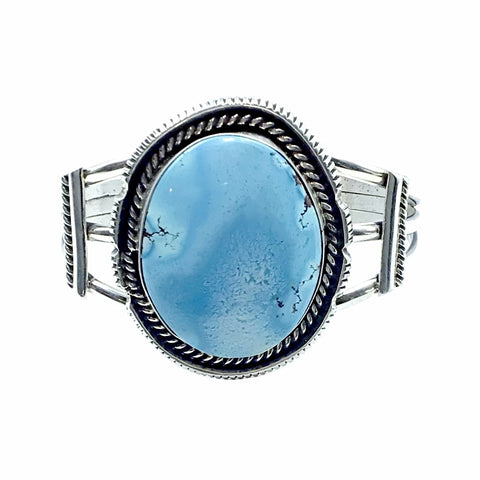 Image of Native American Bracelet - Large Navajo Golden Hills Turquoise Oval Sterling Silver Cuff Bracelet - Lewis Silversmith - Native American