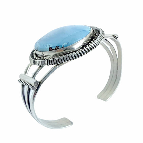 Image of Native American Bracelet - Large Navajo Golden Hills Turquoise Oval Sterling Silver Cuff Bracelet - Lewis Silversmith - Native American