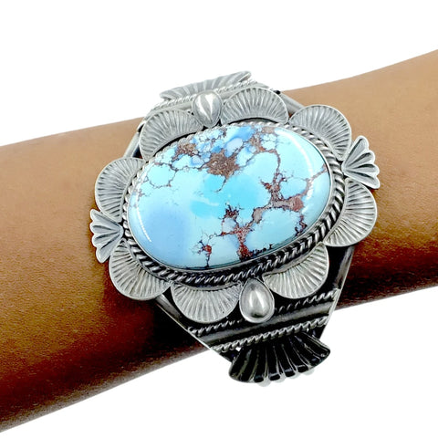 Image of Native American Bracelet - Large Navajo Golden Hills Turquoise Stamped Sterling Silver Cuff Bracelet - Mary Ann Spencer - Native American