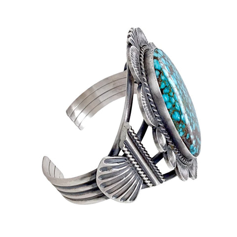 Image of Native American Bracelet - Large Navajo Kingman Spiderweb Turquoise Sterling Silver Cuff Bracelet - Mary Ann Spencer - Native American