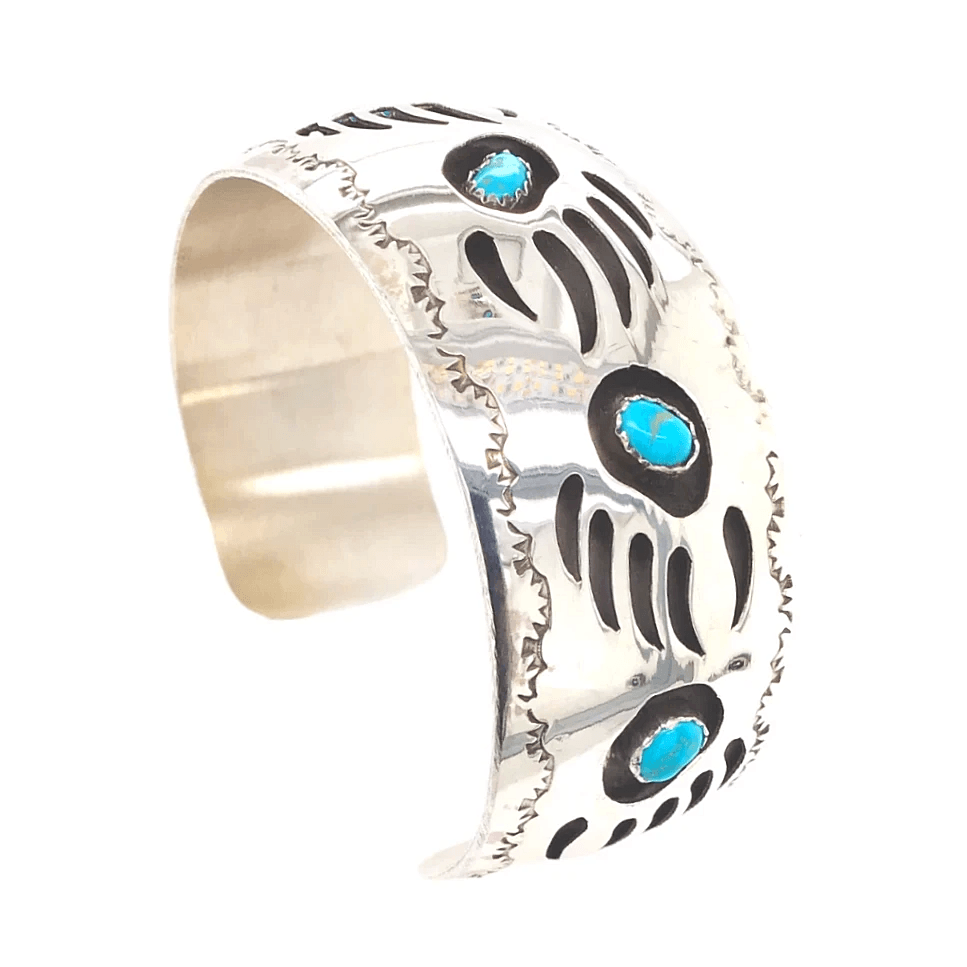 Native American Bracelet - Large Navajo Kingman Turquoise Bear Claw Bracelet - Pearlene Spencer