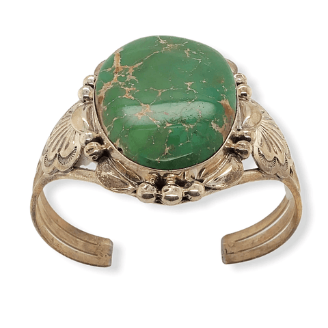 Image of Native American Bracelet - Large Navajo Royston Turquoise Bracelet With Silver Leaf Design- Spencer