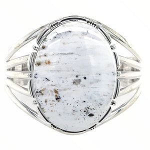 Native American Bracelet - Large Navajo White Buffalo Round Stone Sterling Silver Cuff Bracelet - LMY - Native American