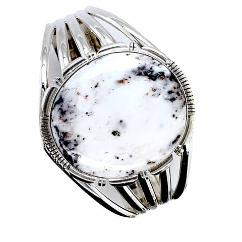 Image of Native American Bracelet - Large Navajo White Buffalo Round Stone Sterling Silver Cuff Bracelet - Native American