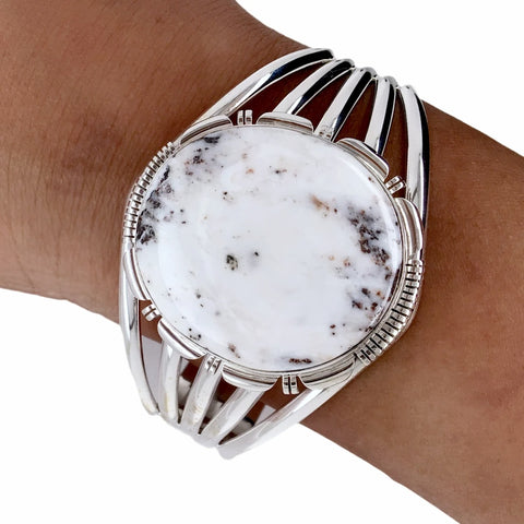 Image of Native American Bracelet - Large Navajo White Buffalo Round Stone Sterling Silver Cuff Bracelet - Native American