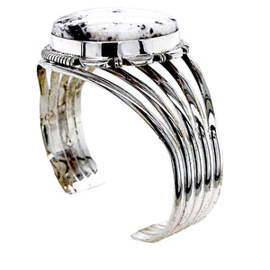 Native American Bracelet - Large Navajo White Buffalo Round Stone Sterling Silver Cuff Bracelet - Native American