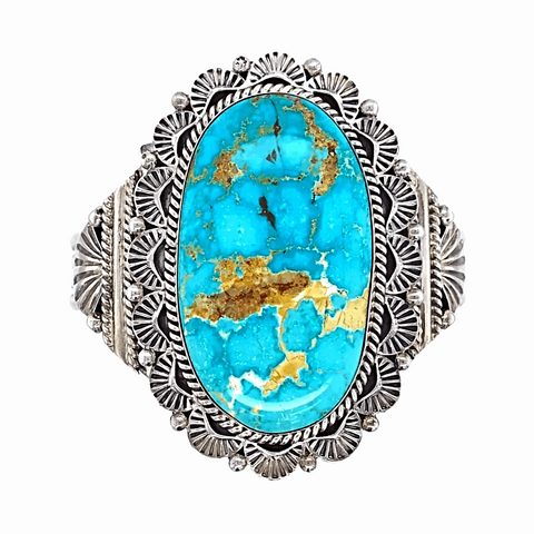 Image of Native American Bracelet - Large Turquoise Mountain Embellished Silver Bracelet - Mary Ann Spencer -Navajo