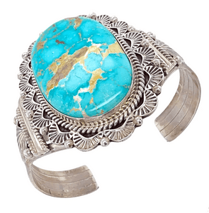Native American Bracelet - Large Turquoise Mountain Embellished Silver Bracelet - Mary Ann Spencer -Navajo