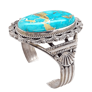 Native American Bracelet - Large Turquoise Mountain Embellished Silver Bracelet - Mary Ann Spencer -Navajo