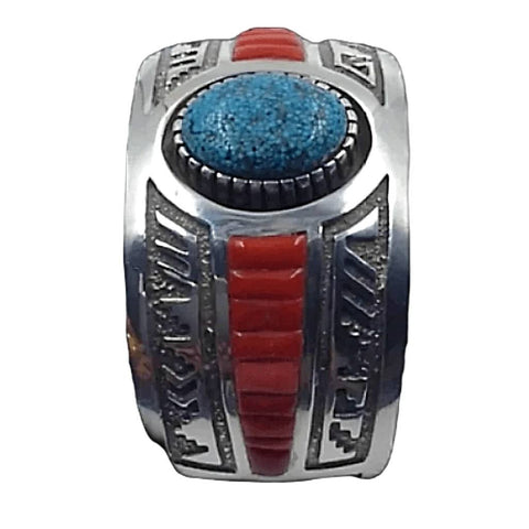 Image of Native American Bracelet - Michael Perry Turquoise And Coral Bracelet -Navajo