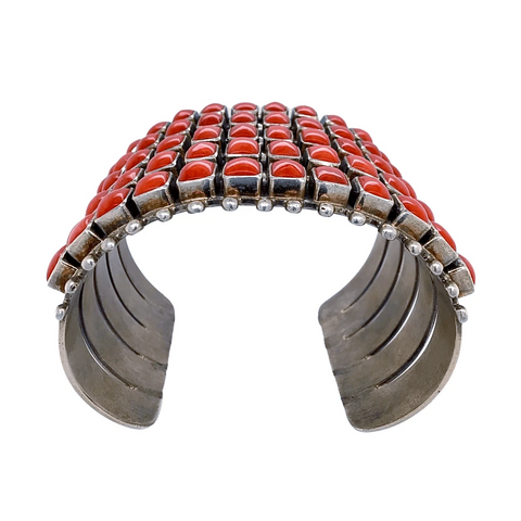 Image of Native American Bracelet - Navajo 5 Row Coral Rectangles Cuff Bracelet - Paul Livingston