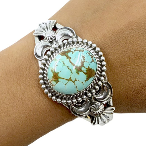 Image of Native American Bracelet - Navajo #8 Turquoise Oval Sterling Silver Cuff Bracelet - Mary Ann Spencer - Native American