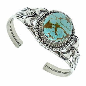 Native American Bracelet - Navajo #8 Turquoise Oval Sterling Silver Cuff Bracelet - Mary Ann Spencer - Native American