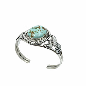 Native American Bracelet - Navajo #8 Turquoise Oval Sterling Silver Cuff Bracelet - Mary Ann Spencer - Native American