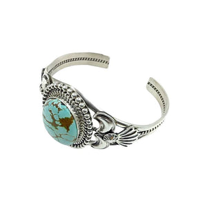 Native American Bracelet - Navajo #8 Turquoise Oval Sterling Silver Cuff Bracelet - Mary Ann Spencer - Native American