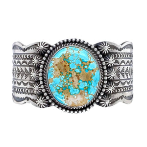 Native American Bracelet - Navajo #8 Turquoise Stamped Sterling Silver Cuff Bracelet - Mike Calladitto - Native American
