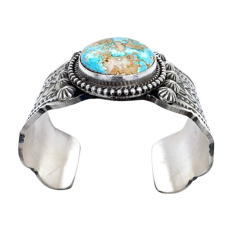 Image of Native American Bracelet - Navajo #8 Turquoise Stamped Sterling Silver Cuff Bracelet - Mike Calladitto - Native American