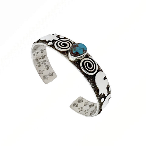 Image of Native American Bracelet - Navajo Bear Petroglyph Kingman Turquoise Bracelet - Alex Sanchez - Native American