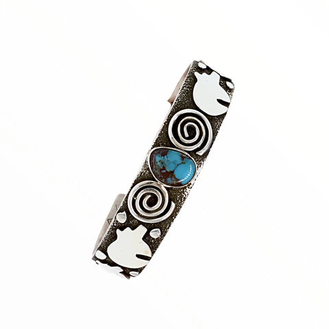 Image of Native American Bracelet - Navajo Bear Petroglyph Kingman Turquoise Bracelet - Alex Sanchez - Native American