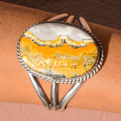 Image of Native American Bracelet - Navajo Bumblebee Jasper Stone Oval Bracelet With Silver Twist Wire- Samson Edsitty - Native American