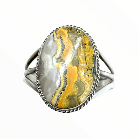 Image of Native American Bracelet - Navajo Bumblebee Jasper Stone Oval Bracelet With Silver Twist Wire- Samson Edsitty - Native American