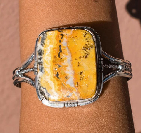 Image of Native American Bracelet - Navajo Bumblebee Jasper Stone Square Bracelet With Silver Twist Wire- Samson Edsitty - Native American