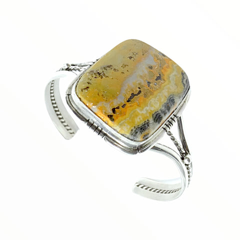 Image of Native American Bracelet - Navajo Bumblebee Jasper Stone Square Bracelet With Silver Twist Wire- Samson Edsitty - Native American