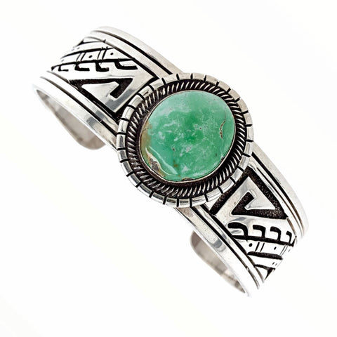 Image of Native American Bracelet - Navajo Carico Lake Turquoise Engraved Sterling Silver Cuff Bracelet - E. Wylie - Native American