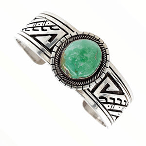 Native American Bracelet - Navajo Carico Lake Turquoise Engraved Sterling Silver Cuff Bracelet - E. Wylie - Native American