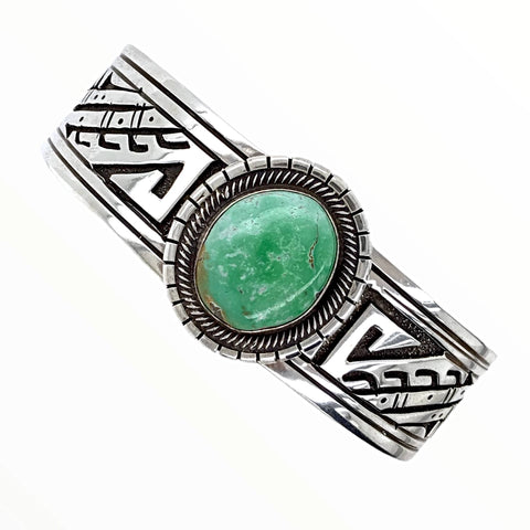 Image of Native American Bracelet - Navajo Carico Lake Turquoise Engraved Sterling Silver Cuff Bracelet - E. Wylie - Native American