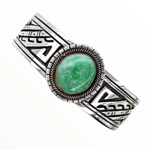 Native American Bracelet - Navajo Carico Lake Turquoise Engraved Sterling Silver Cuff Bracelet - E. Wylie - Native American
